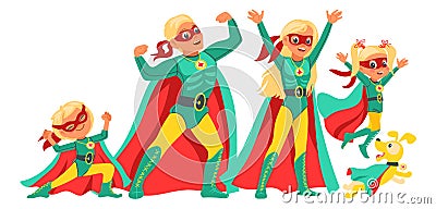 Super hero family. Happy parents with children and pets in colorful costumes. Comic characters. Strong mother and father Vector Illustration