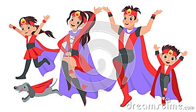 Super hero family. Happy parents with children and pets in colorful costumes. Strong mother and father. Brave kids Vector Illustration