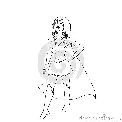 Super hero girl with long cape is standing Vector Illustration
