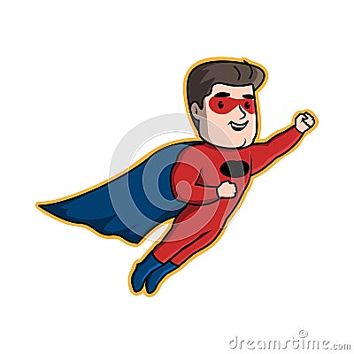 Super hero mascot logo design concept. Cute boy flying with costume Super hero. Vector Illustration