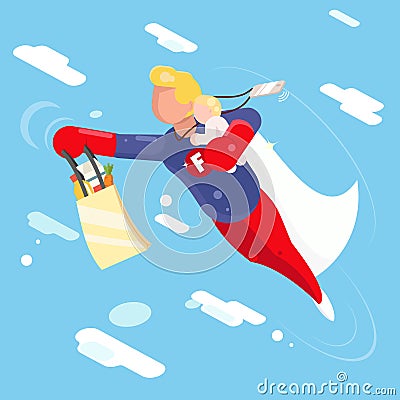 Super hero modern father flying sky clowds child in hand character flat design vector illustration Vector Illustration