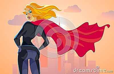 Super hero woman looks at an evening city landscape Vector Illustration