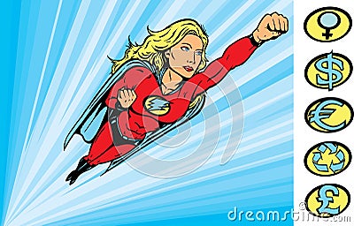 Super heroine flying into action Vector Illustration