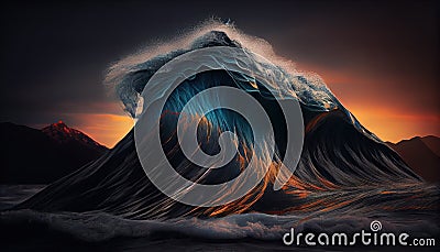 Super high wave in the gloomy light of sunset. AI generated. Stock Photo