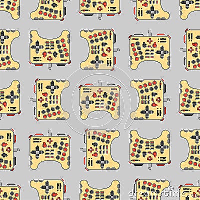 Super Joystick pattern seamless. Meag Gamepad Game console background. cheater Video game controller ornament. many buttons. Vector Illustration