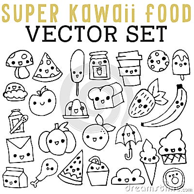 Super Kawaii Food Vector Set with bread, berries, bananas, pizza, mushrooms, popsicles, drinks, envelopes, and ice cream. Stock Photo