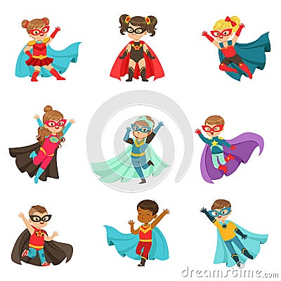 Super kids set, boys and girls in superhero costumes colorful vector Illustrations Vector Illustration
