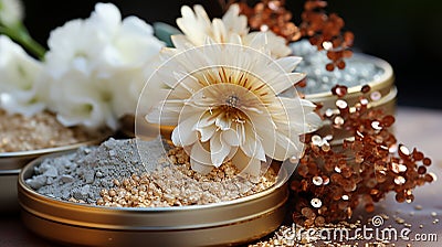 Super Light Face Powder: Loose Powder for Perfect Makeup. Collection of Facial Cosmetics. Stock Photo