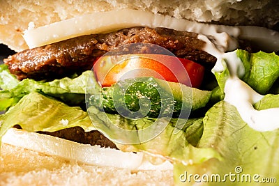 Super macro, beef burger, tomato and cucumber salad Stock Photo