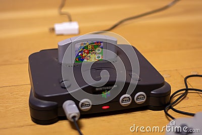 Super Mario Bros 64 in a Nintendo 64, a popular retro title and console Editorial Stock Photo