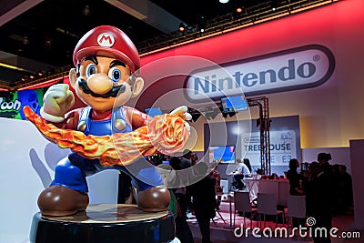 Super Mario giant statue and Nintendo logo Editorial Stock Photo