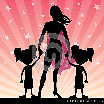 Super Mom With Twin Girls Vector Illustration