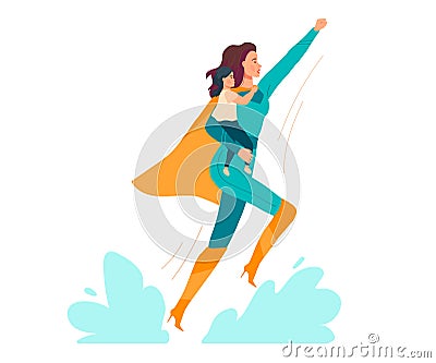 Super mom vector illustration, cartoon flat beautiful young mother in superhero costume holding baby child in hands Vector Illustration