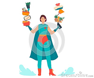 Super mom vector illustration, cartoon flat beautiful young mother in superhero costume makes multitask home work Vector Illustration