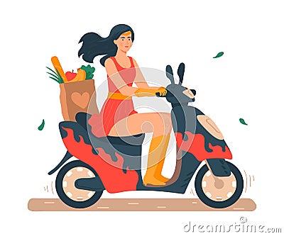 Super mom vector illustration, cartoon flat beautiful young mother in superhero costume riding motorbike or scooter Vector Illustration