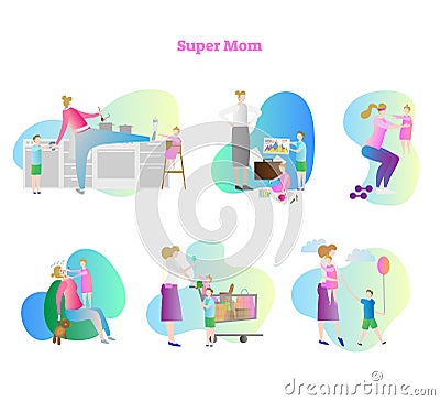Super mom vector illustration collection set. Busy mom with kids and children. Household activities like cooking and shopping. Vector Illustration