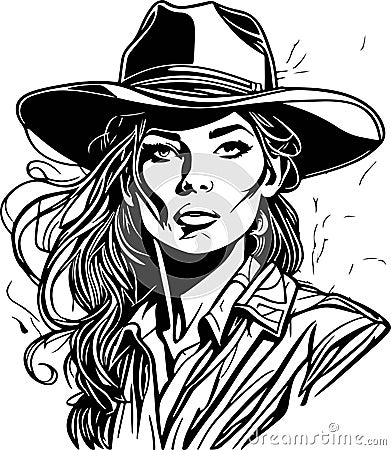 Super monochrome cowboy woman portrait great vector Vector Illustration