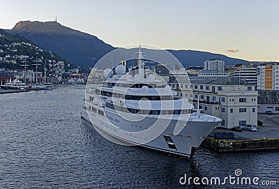 The Super Motor Yacht Katara berthed against the Quay at the Bergen Waterfront Editorial Stock Photo