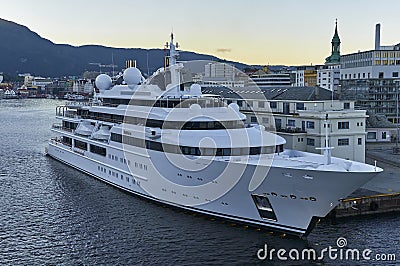 The Super Motor Yacht Katara lies berthed against the Quay at the Bergen Waterfront. Editorial Stock Photo