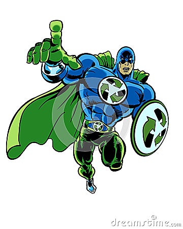 A super muscular recycle green superhero with his finger pointing Stock Photo