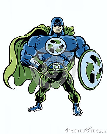 A super muscular recycle green superhero with his recycle shield in hand Stock Photo