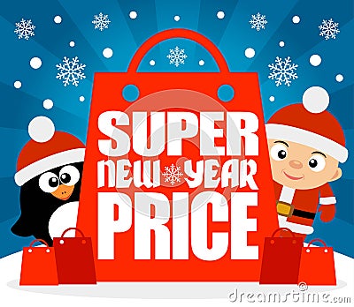 Super New Year Price card with boy and penguin Vector Illustration