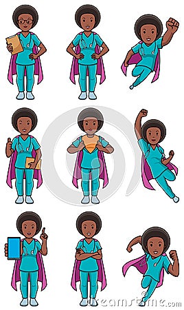 Super Nurse African Female Set Vector Illustration