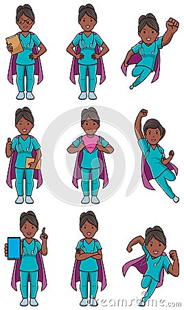 Super Nurse Indian Female Set Vector Illustration