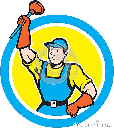 Super Plumber With Plunger Circle Cartoon Vector Illustration