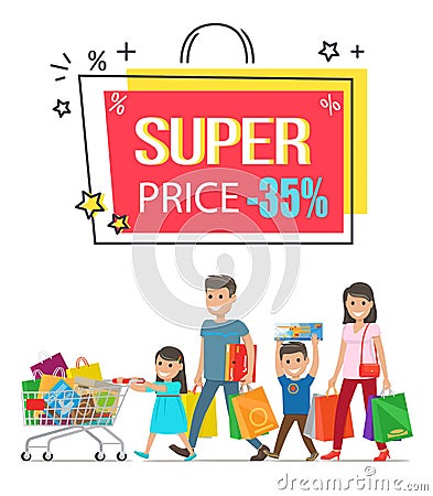Super Price Sale Promotional Poster with Family Vector Illustration
