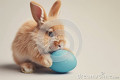 A super realistic image of an Easter bunny rabbit, with exquisitely detailed fur, gently cradling a matte blue painted egg Stock Photo