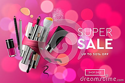 Super Sale cosmetics banner for shopping season, makeup, accessories, equipment, beauty, facial, fashion. Vector Vector Illustration