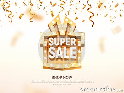 Super sale gift box like golden retro board broadway sign vector illustration. Special offer discount with confetti on Vector Illustration