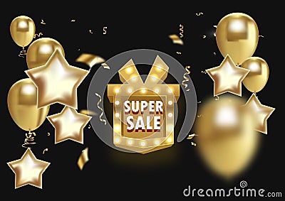 Super sale gift box like golden retro board broadway sign vector illustration. Cartoon Illustration