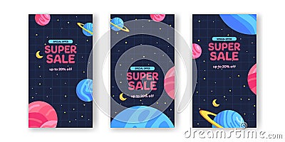 Super sale offer banner promotion story social media post with space planet galaxy for kid toddler student cute kawaii Vector Illustration