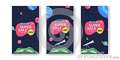 Super sale offer banner promotion story social media post with space planet galaxy for kid toddler student cute kawaii Vector Illustration