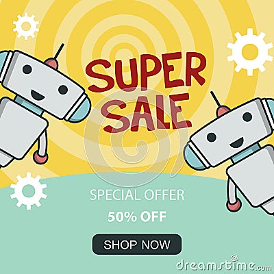 Super sale promo banner with cute robot Vector Illustration