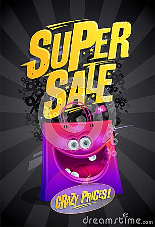 Super sale vector poster design template with pink cartoon funny paper shopper bag Vector Illustration