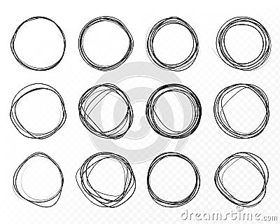 Super set of circles lines sketch hand drawn. Doodle circles for design elements, messages, notes labels Vector Illustration