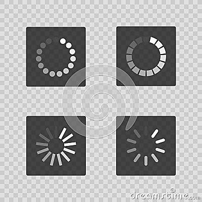 Super set different load icon isolated on transparent background. Circle website buffer loader or preloader. Download or upload Vector Illustration