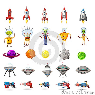 Super set of space, planets, ufo, rockets, aliens, blasters, for games, applications, advertisements, posters, animation Vector Illustration