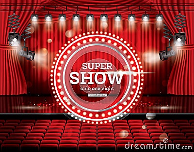 Super Show. Open Red Curtains with Spotlights. Stock Photo