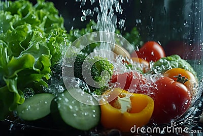Super slow motion Vegetables smoothly blend in transparent mixer, water swirling Stock Photo