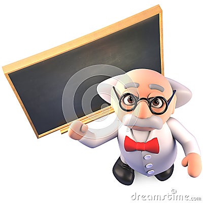 Super smart mad scientist professor teaches at the chalkboard, 3d illustration Cartoon Illustration