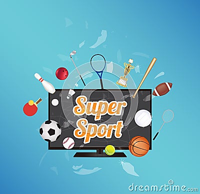 Super Sport on smart television screen with sport equipment floating on exploded smart television Stock Photo