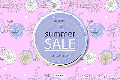 Super summer bike sale concept. Cartoon Illustration