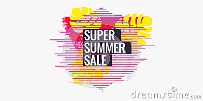 Super summer sale. Abstract background with palm leave and geometric shapes. Vector Illustration