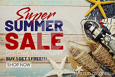 Super Summer Sale promotion decoration with nautical marine ornament on wooden background Stock Photo