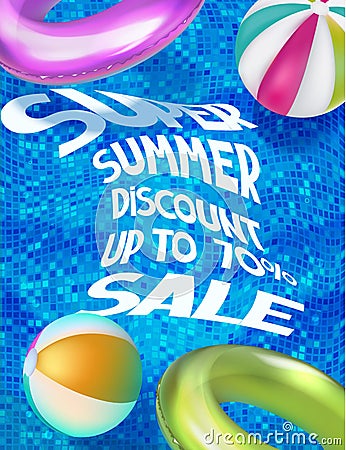Super summer sale with swimming pool and inflatable toys. View above. Vector Illustration