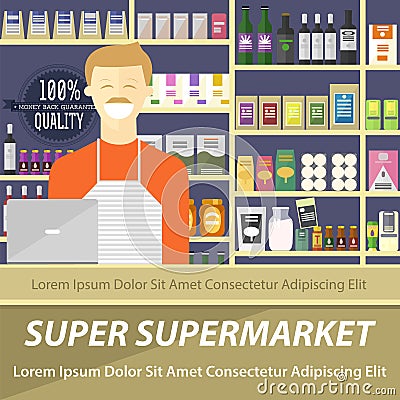 Super supermarket flat design layout. Vector illustration of smiling seller in a store with full shelves of different abstract goo Vector Illustration